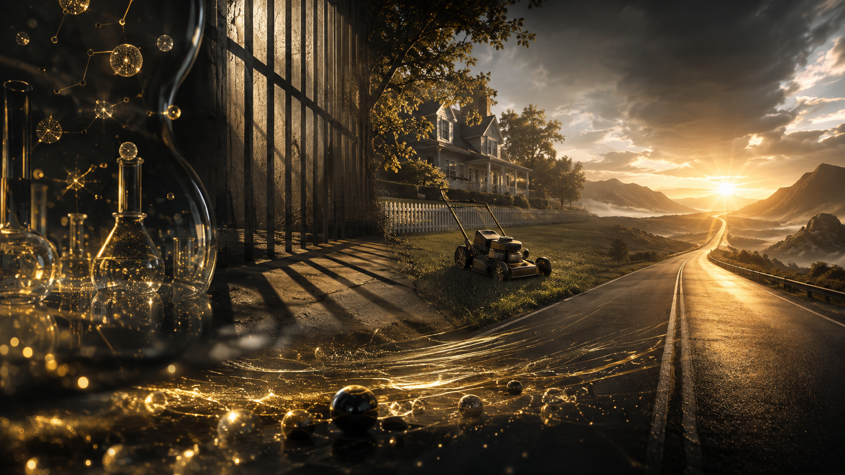 Science, confinement, neighborhood life, and an open road blending into one cinematic scene