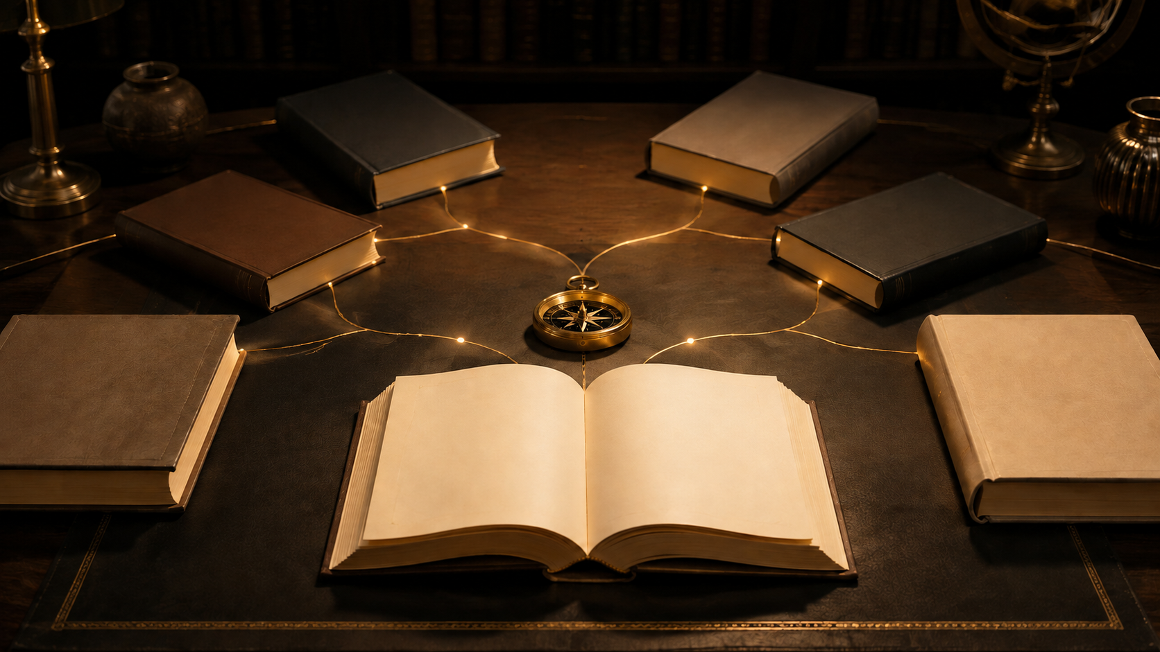 An open book, compass, and branching collection of books on a dark reading table