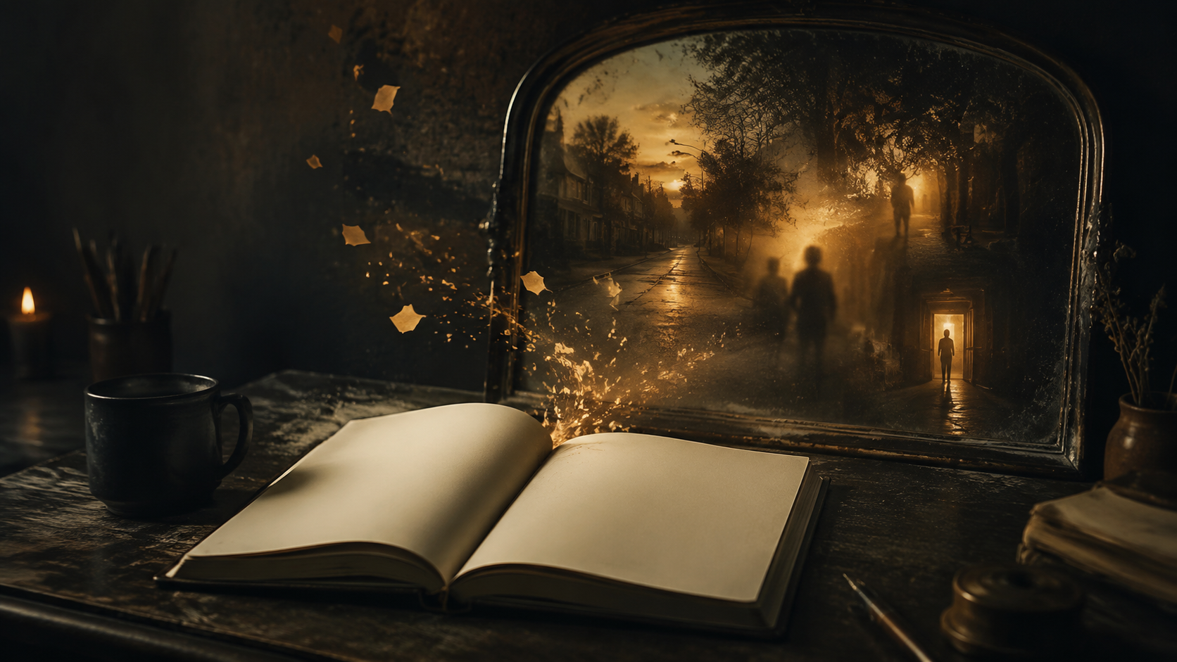 A blank writer's notebook facing a mirror filled with fragments of life and memory