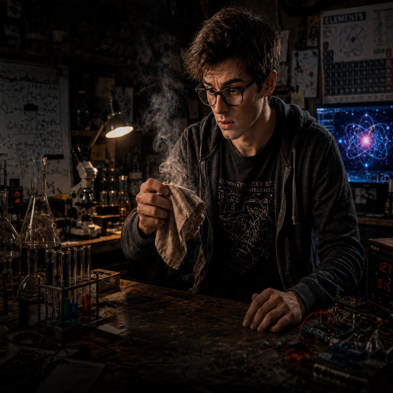A young scientist examining a smoking cloth in a nanotechnology laboratory